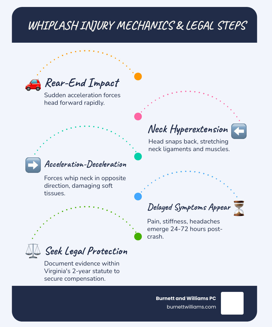 Whiplash mechanics infographic: acceleration-deceleration forces, neck hyperextension, injury timeline, and Virginia legal Whiplash mechanics infographic: acceleration-deceleration forces, neck hyperextension, injury timeline, and Virginia legal