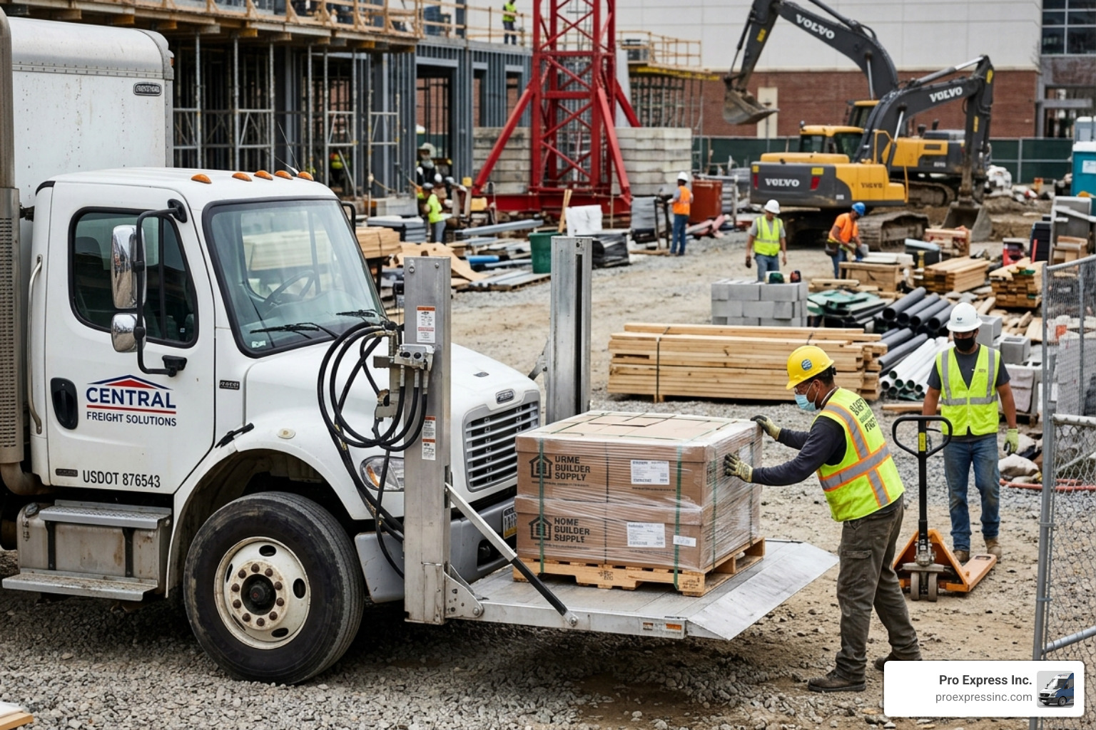 Freight delivery using a liftgate at a busy construction site with no loading dock - liftgate required for delivery Freight delivery using a liftgate at a busy construction site with no loading dock - liftgate required for delivery