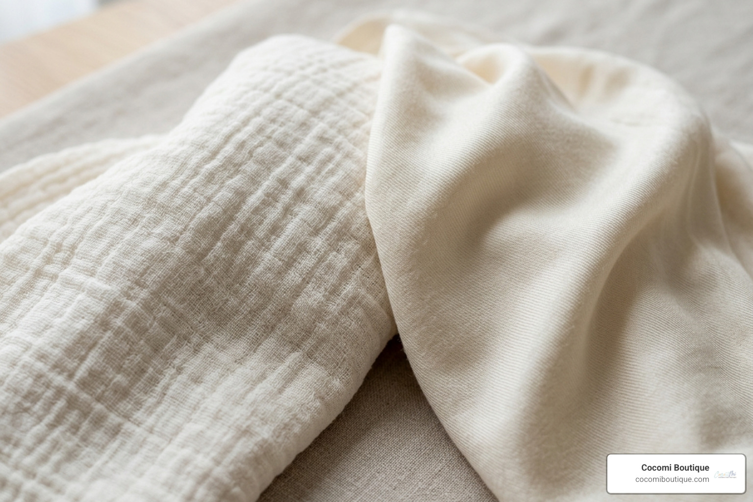 Premium organic fabric textures showing the weave of high-quality muslin and bamboo - best swaddle blankets for newborns