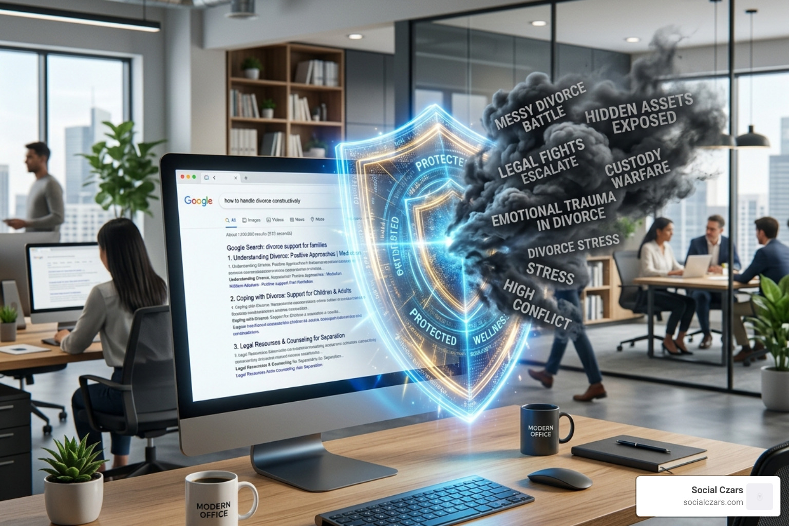 Digital shield protecting search results from negative divorce-related content - Crisis SEO for Divorce