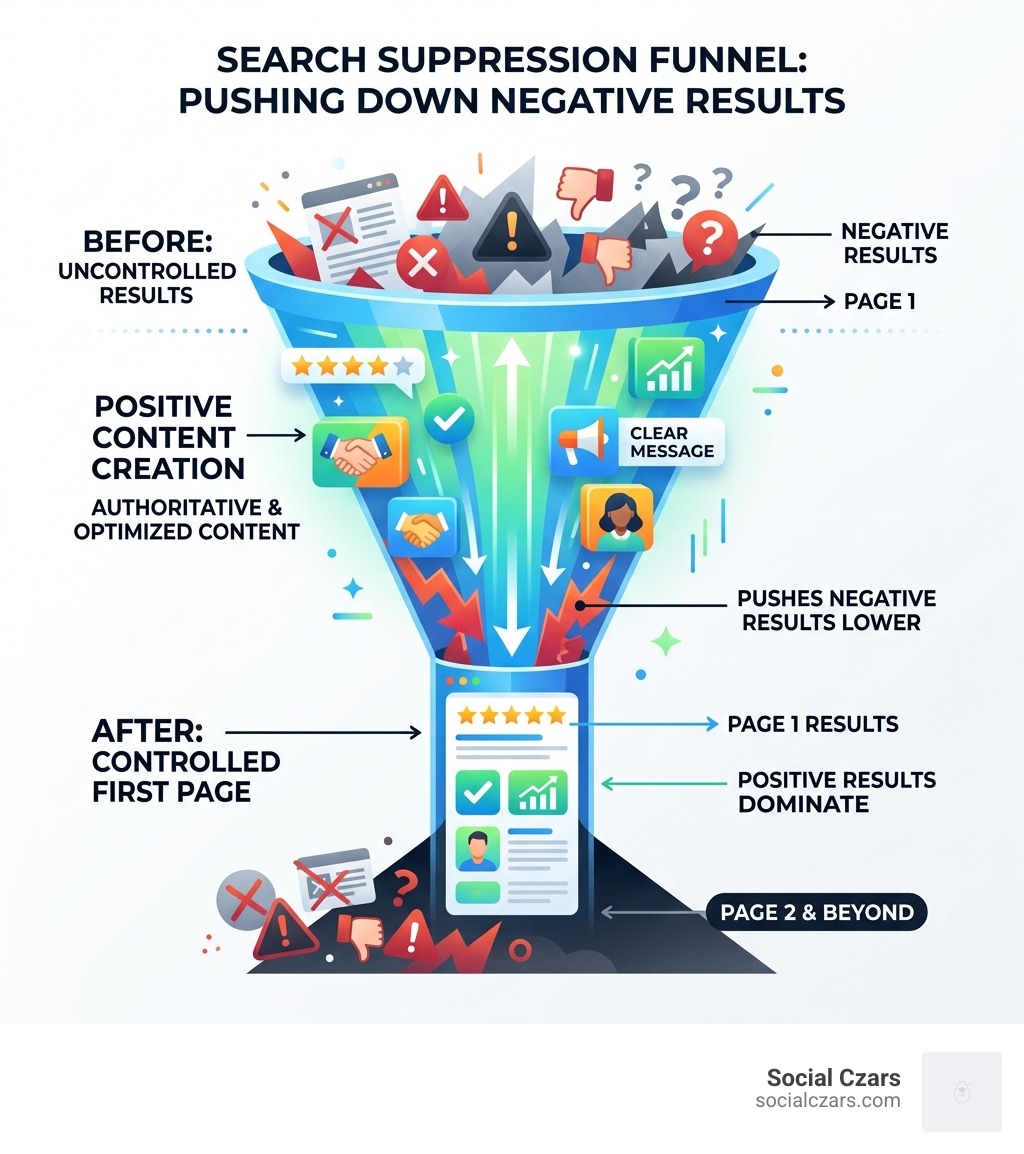 Search suppression funnel showing how positive content pushes negative results off page one - Push Down Bad Search Results