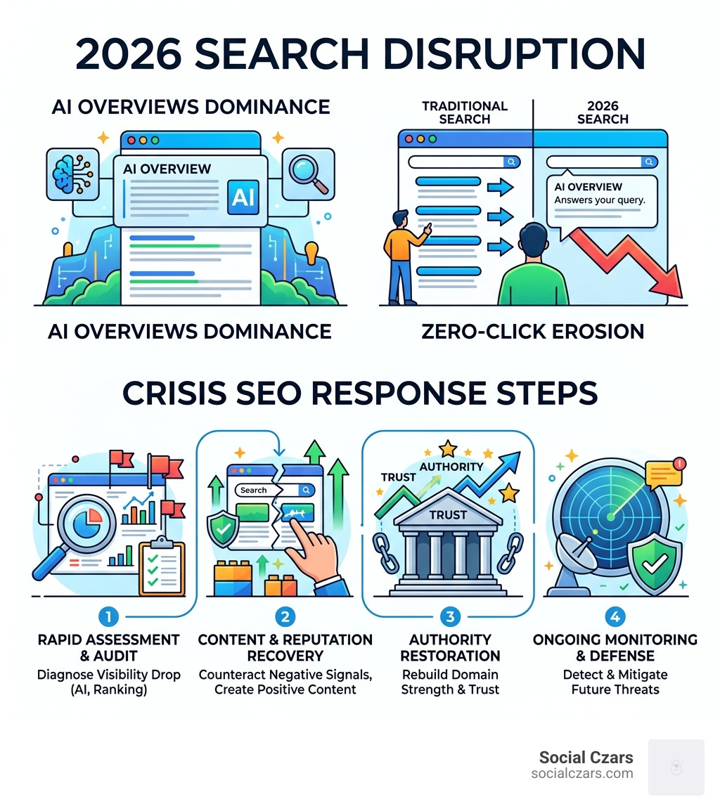 Infographic showing 2026 search disruption: AI Overviews, zero-click rates, and crisis SEO response steps - Crisis SEO in
