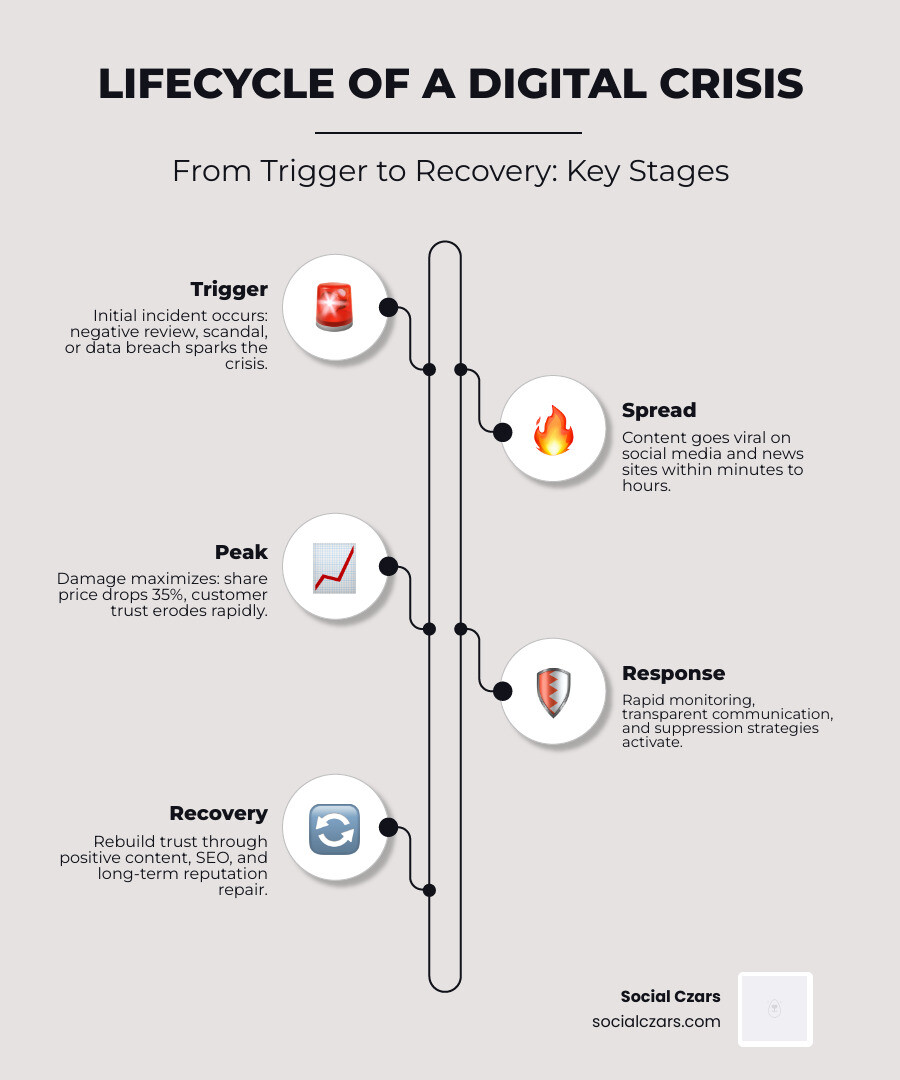 Lifecycle of a digital crisis: trigger, spread, peak, response, recovery stages - Online Reputation Crisis infographic Lifecycle of a digital crisis: trigger, spread, peak, response, recovery stages - Online Reputation Crisis infographic