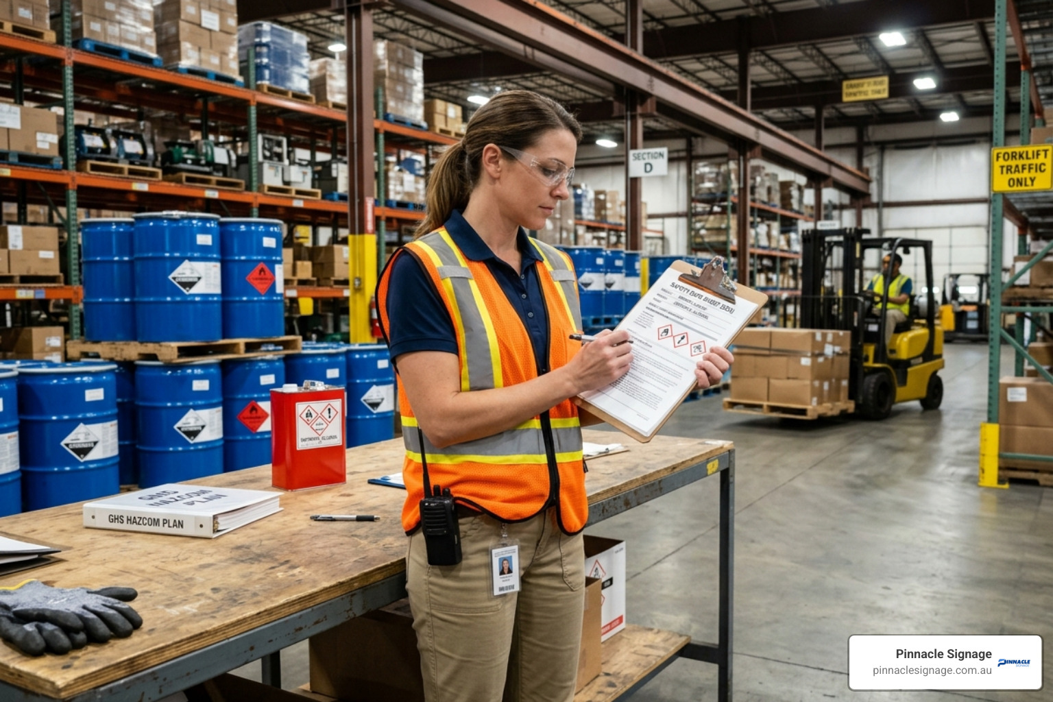 Safety manager in an Australian warehouse reviewing a Safety Data Sheet for compliance - ghs signage