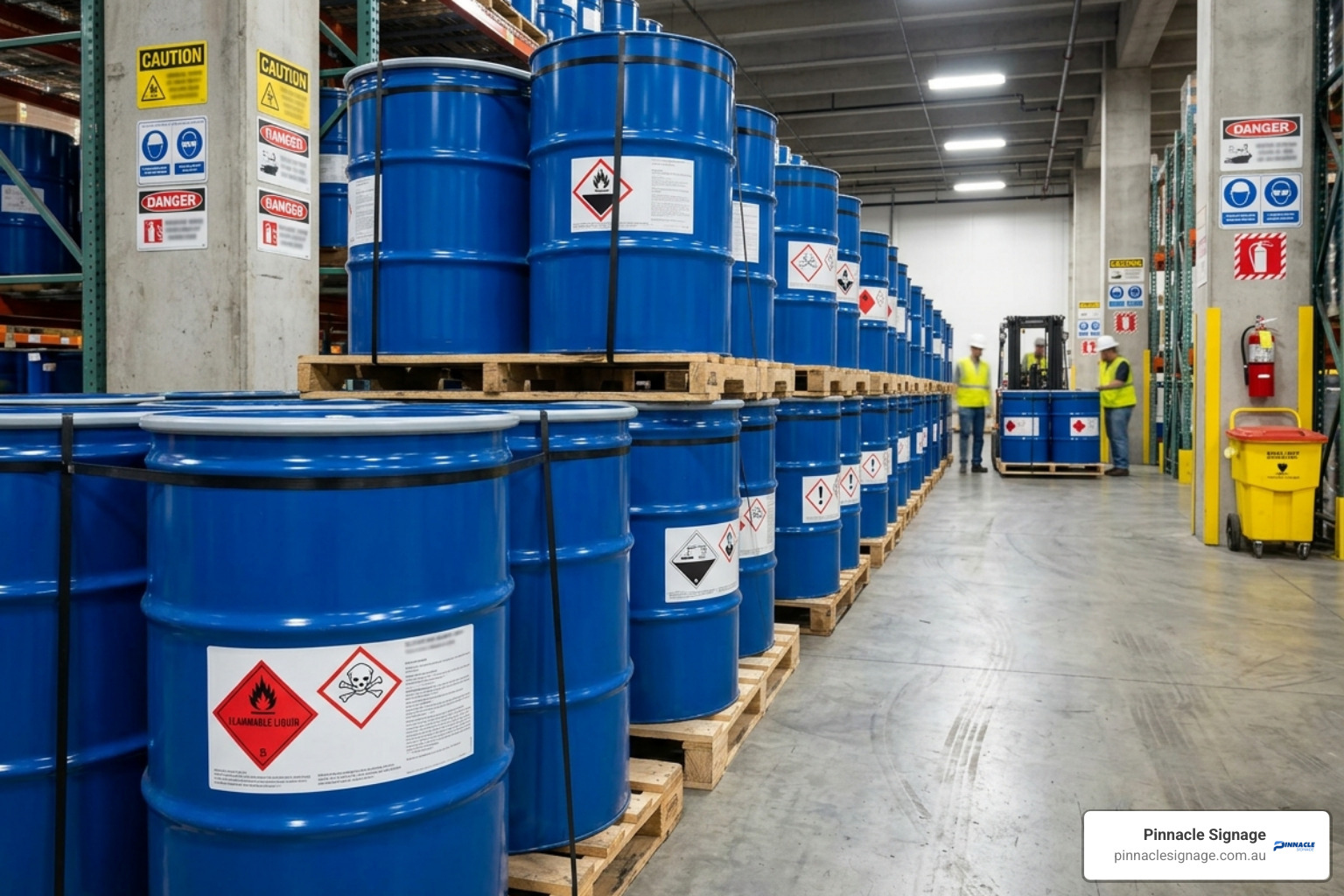 A warehouse interior showing blue chemical drums labeled with GHS signage pictograms for flammable and toxic substances.