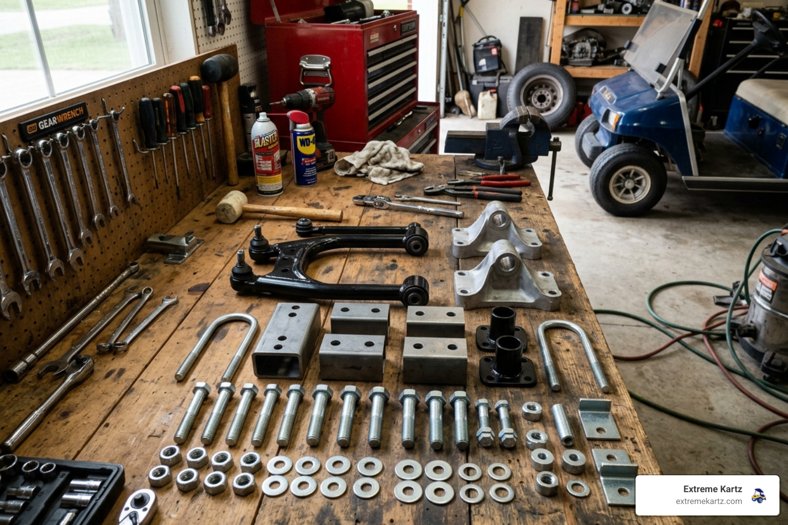 Set of 4-inch lift kit components including A-arms, leaf spring blocks, and heavy-duty hardware on a garage workbench - 4 Set of 4-inch lift kit components including A-arms, leaf spring blocks, and heavy-duty hardware on a garage workbench - 4