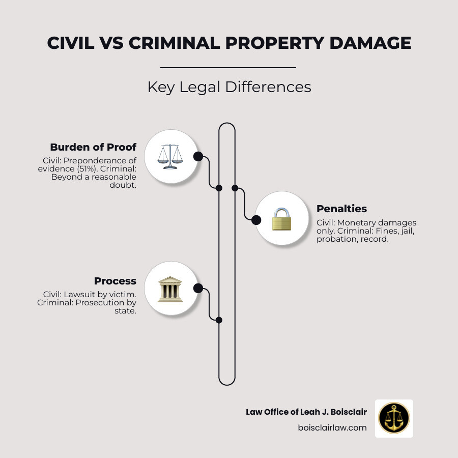 Civil liability vs criminal property offenses infographic showing key differences in burden of proof, penalties, and legal