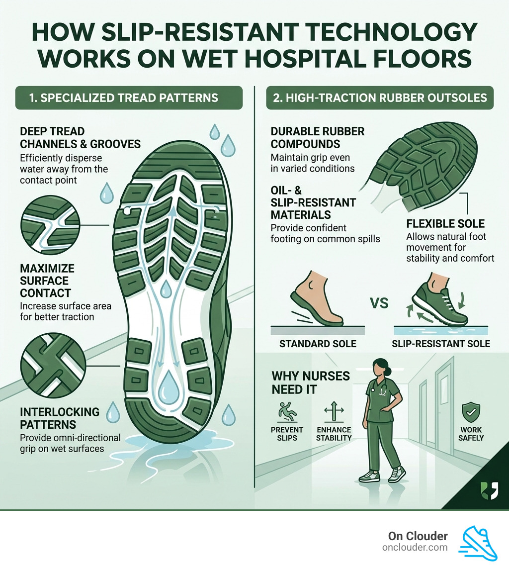 Infographic showing how slip-resistant tread patterns and rubber outsoles work on wet hospital floors - nursing shoes slip