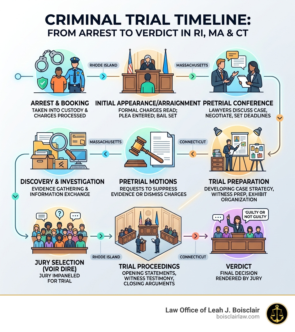 Timeline of a criminal trial from arrest to verdict in RI, MA, and CT - Trial preparation attorney infographic Timeline of a criminal trial from arrest to verdict in RI, MA, and CT - Trial preparation attorney infographic