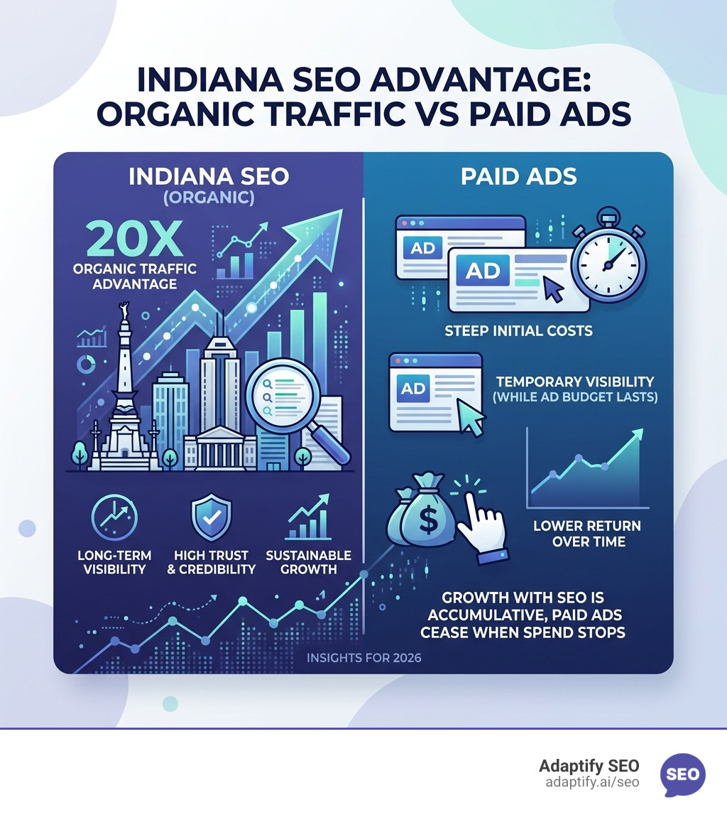 Infographic showing 20x organic traffic advantage of Indiana SEO over paid ads with top agency comparison - indiana seo