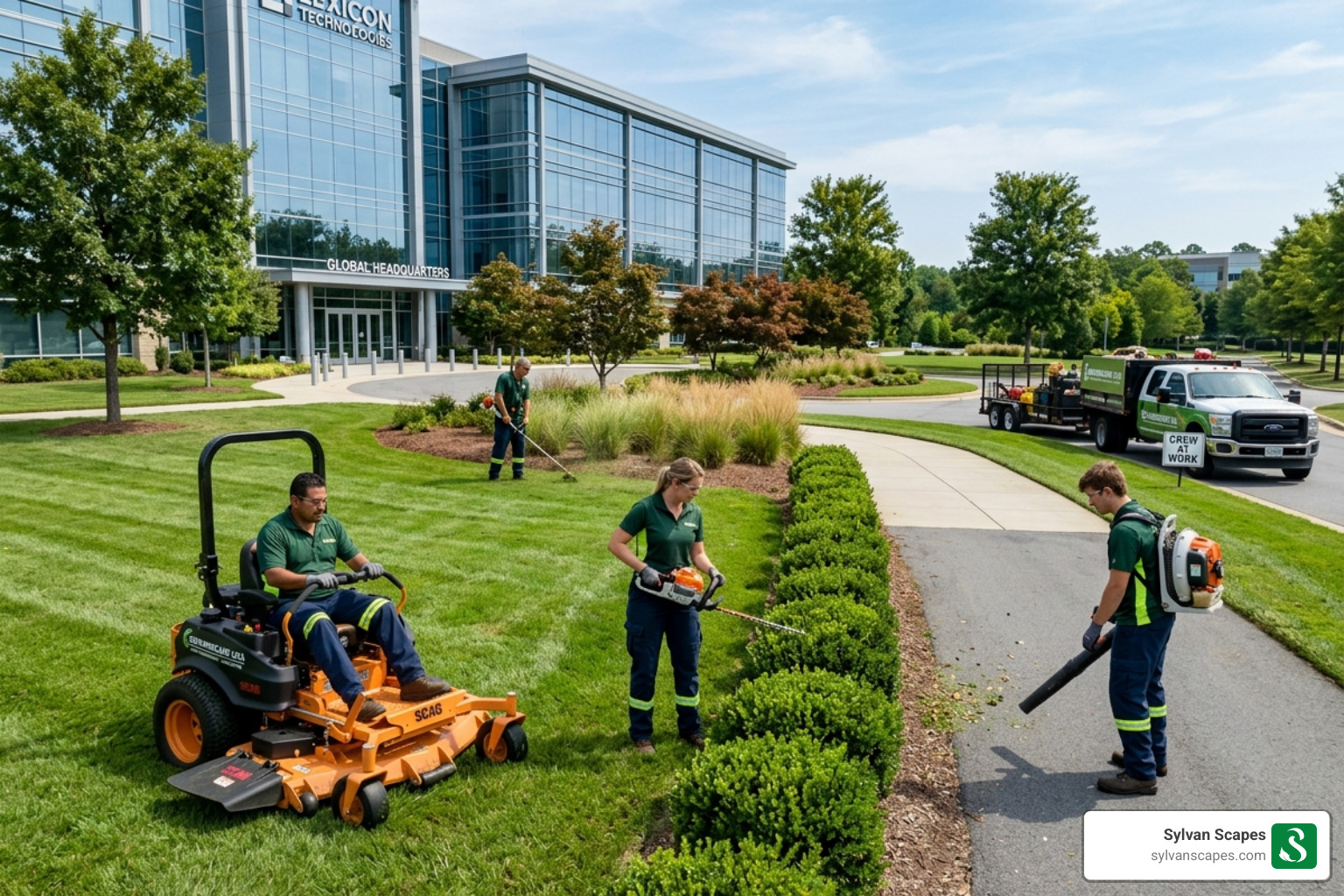 Professional commercial landscaping crew at work on a large corporate campus - brightview landscape net worth Professional commercial landscaping crew at work on a large corporate campus - brightview landscape net worth