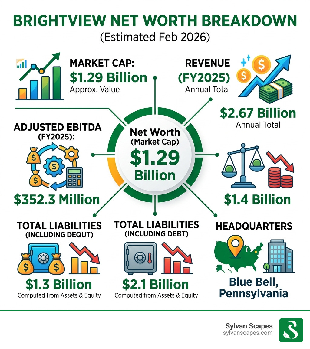 Infographic showing BrightView net worth breakdown: market cap, revenue, EBITDA, debt, and headquarters - brightview Infographic showing BrightView net worth breakdown: market cap, revenue, EBITDA, debt, and headquarters - brightview