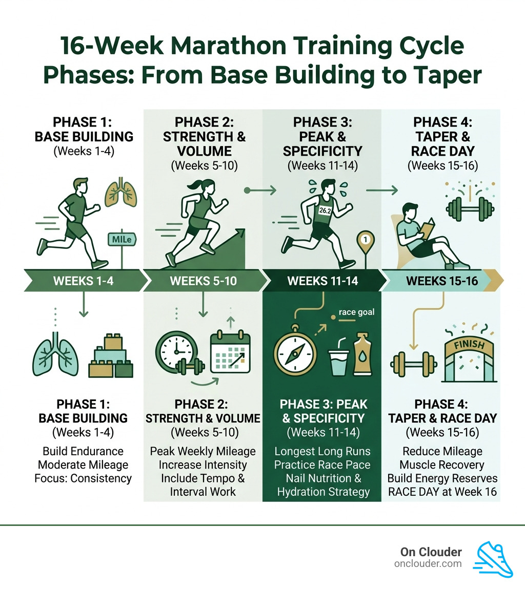 Infographic explaining the 16-week marathon training cycle phases from base building to taper - best marathon training shoes