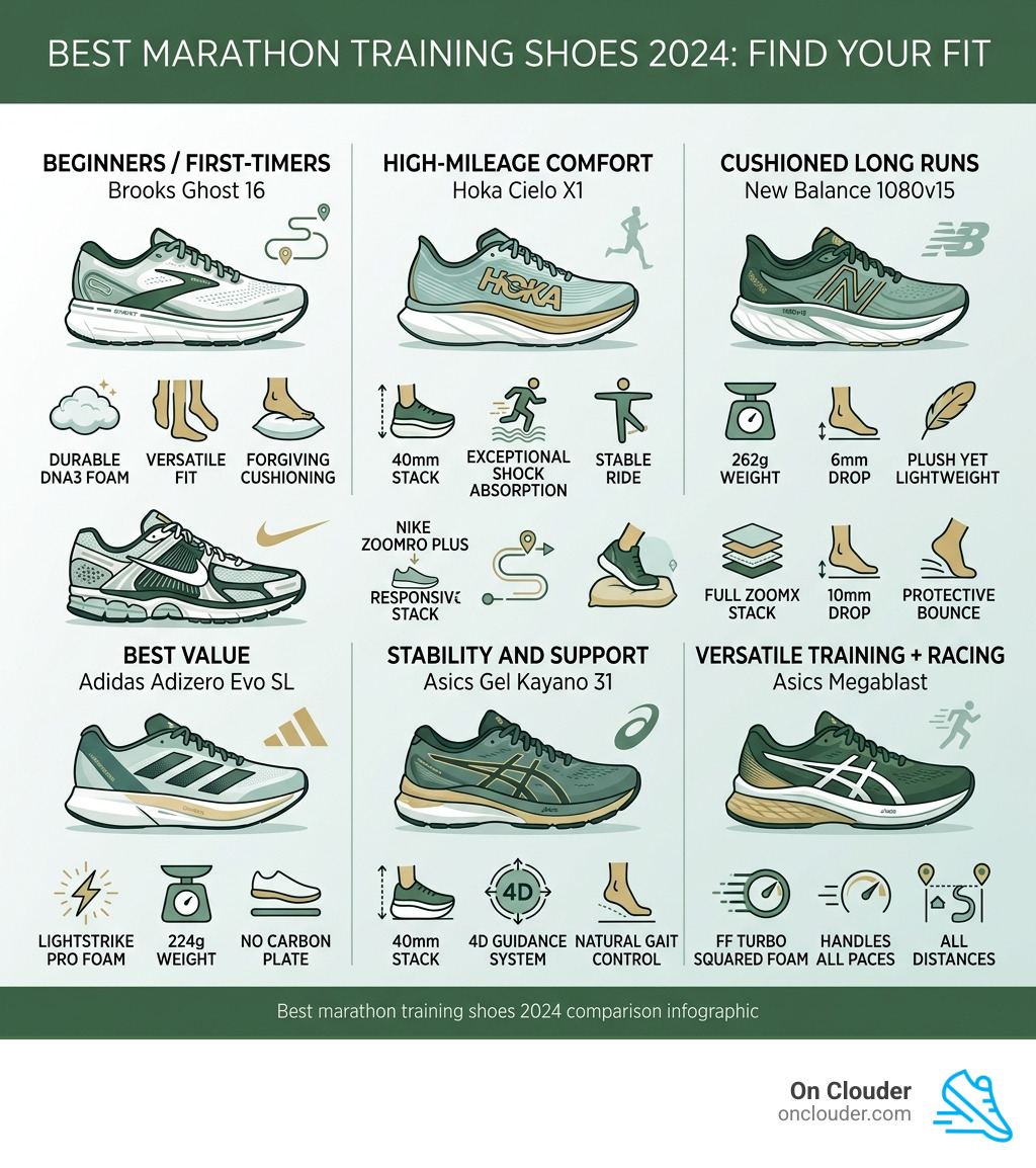 Best marathon training shoes 2024 comparison infographic by runner type and key features - best marathon training shoes 2024