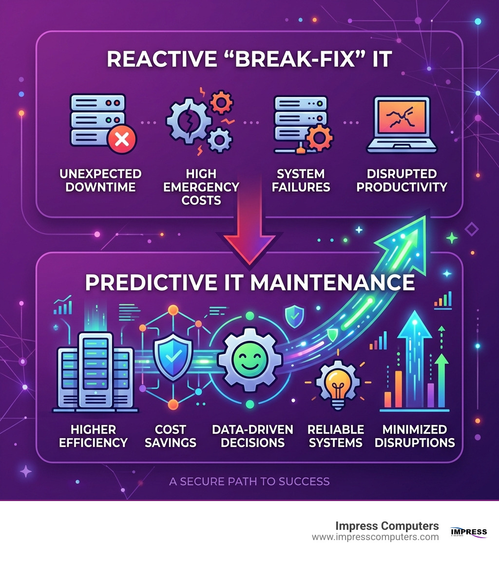 Infographic showing the shift from reactive break-fix IT to predictive maintenance with key benefits - predictive Infographic showing the shift from reactive break-fix IT to predictive maintenance with key benefits - predictive