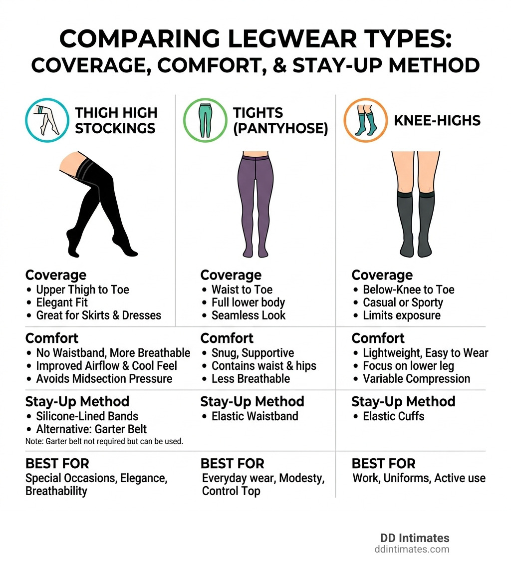 Infographic comparing thigh high stockings vs tights vs knee-highs by coverage, comfort, and stay-up method - Thigh high