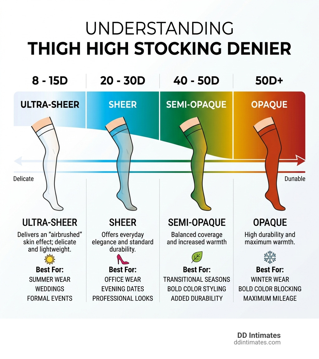 Table comparing Denier ratings from ultra-sheer to opaque with opacity levels and best use cases - Thigh high stockings