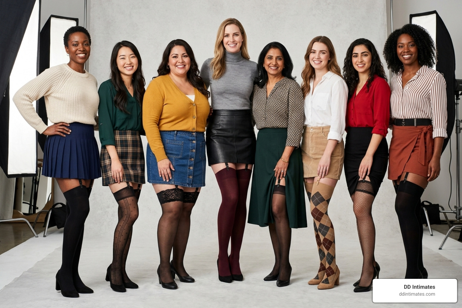 diverse group of women wearing different styles of thigh high stockings - Thigh high stockings