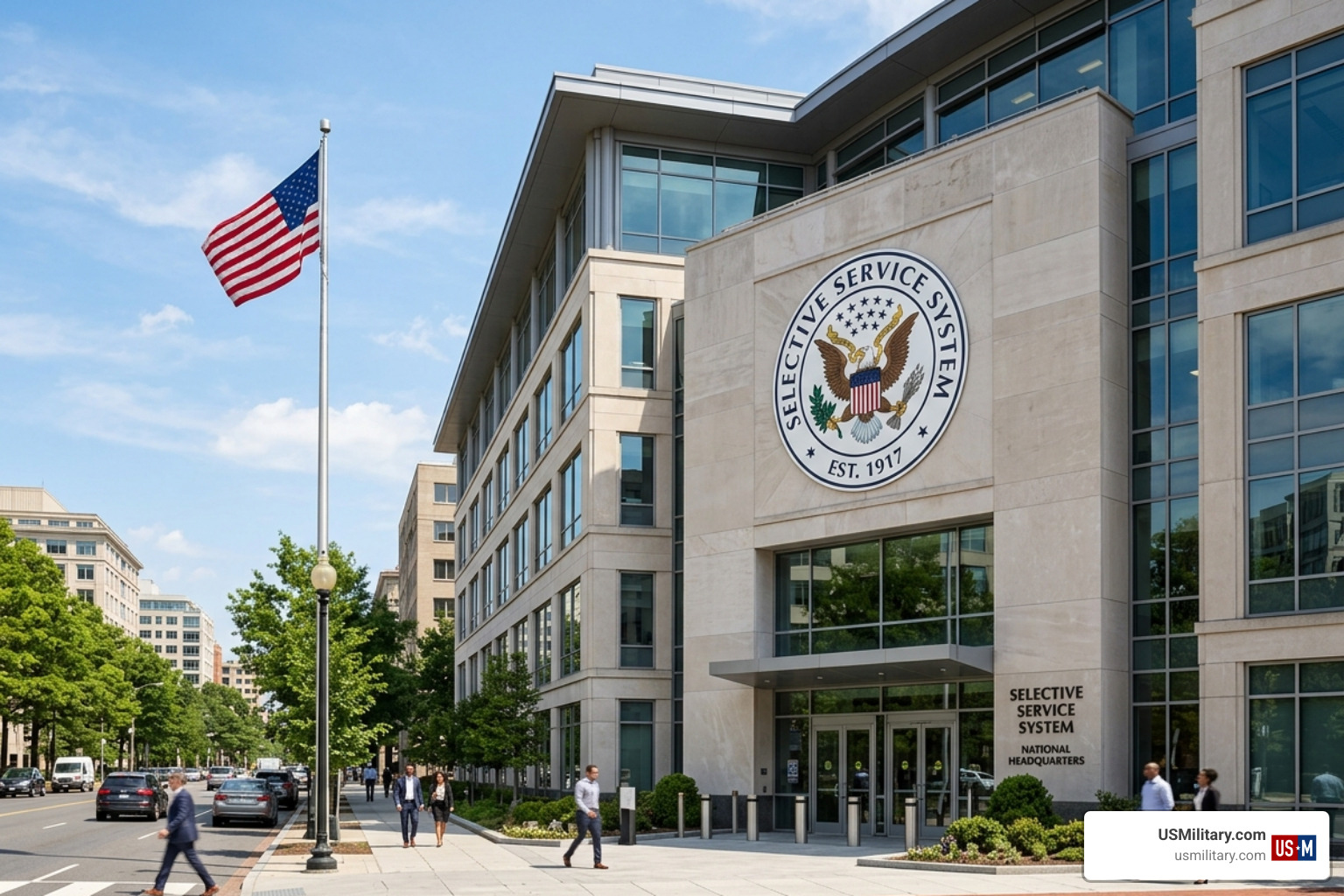 Selective Service System logo and government building - Automatic registration for US military draft to begin in December