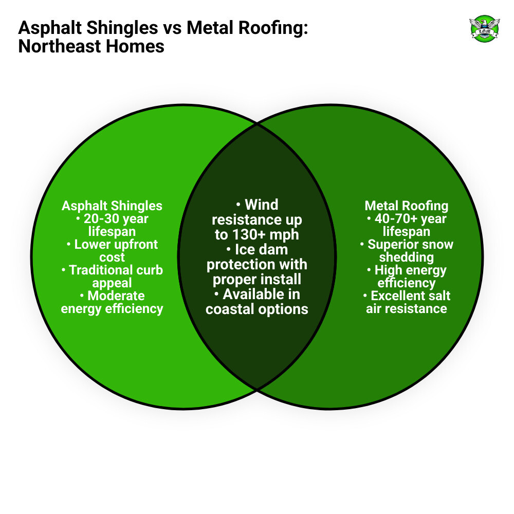 Infographic comparing asphalt shingles vs metal roofing systems for Northeast homes: layers, lifespan, and performance