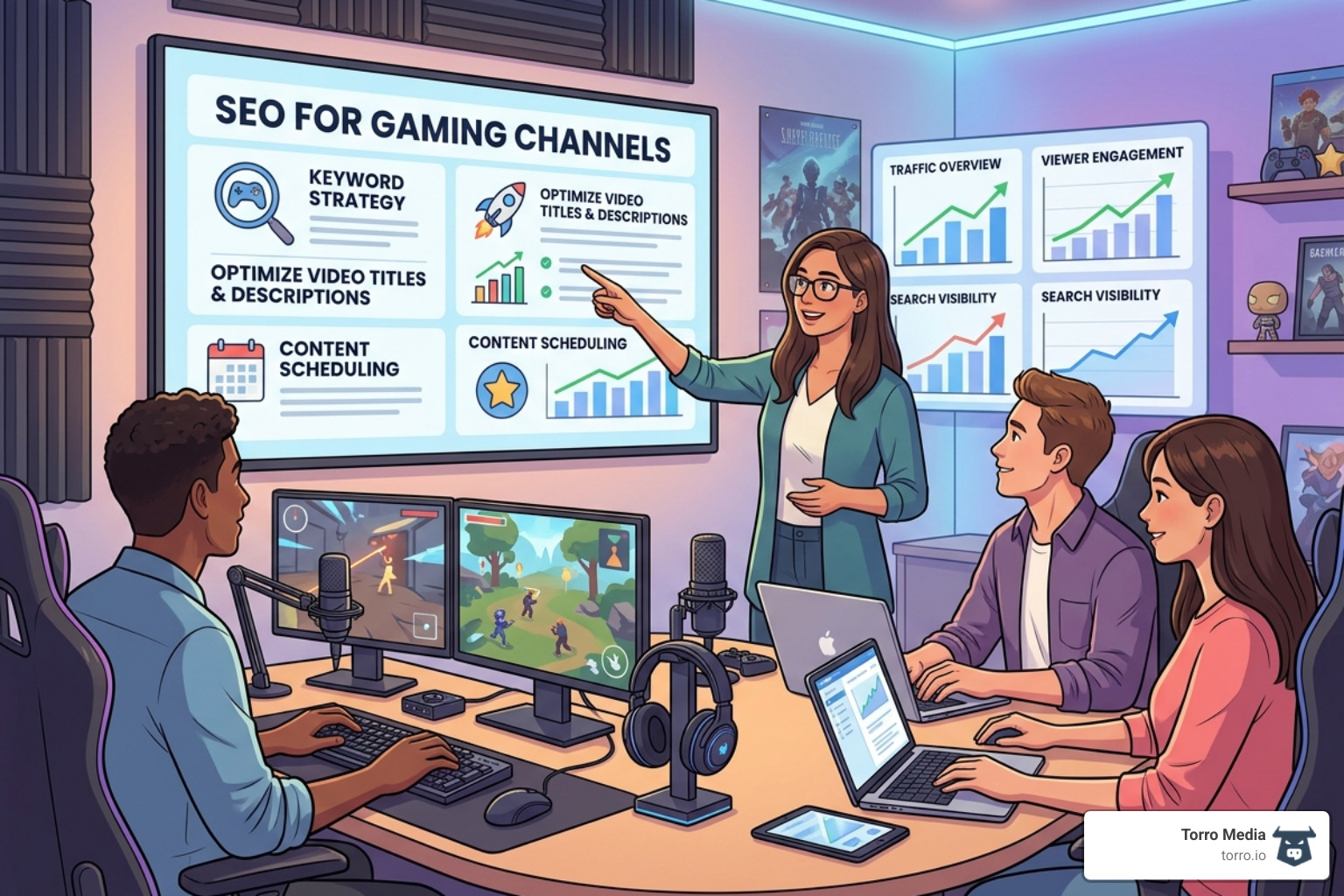 A gamer analyzing search metrics on a dashboard - seo for gaming channel