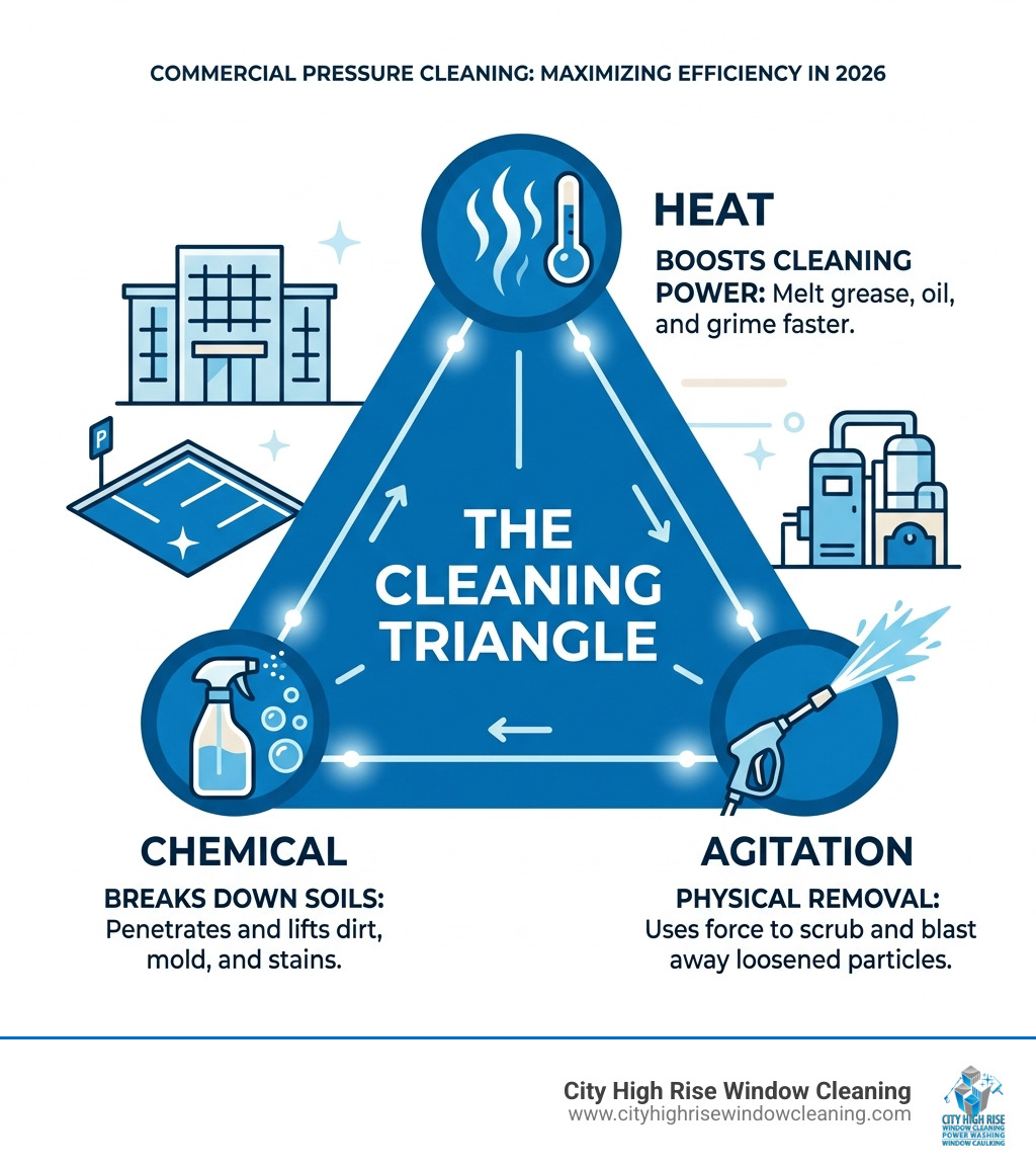 Infographic: The Cleaning Triangle - Heat, Chemical, and Agitation in commercial pressure cleaning and how each element Infographic: The Cleaning Triangle - Heat, Chemical, and Agitation in commercial pressure cleaning and how each element
