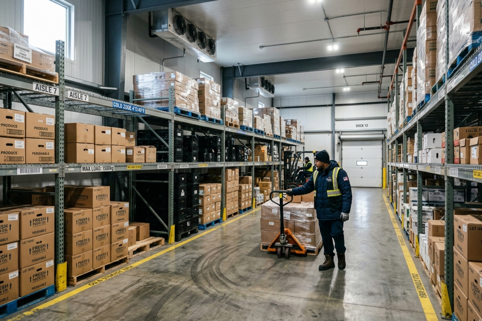 A clean temperature controlled cold storage room with bright industrial lighting and organized shelving - Indiana 3PL