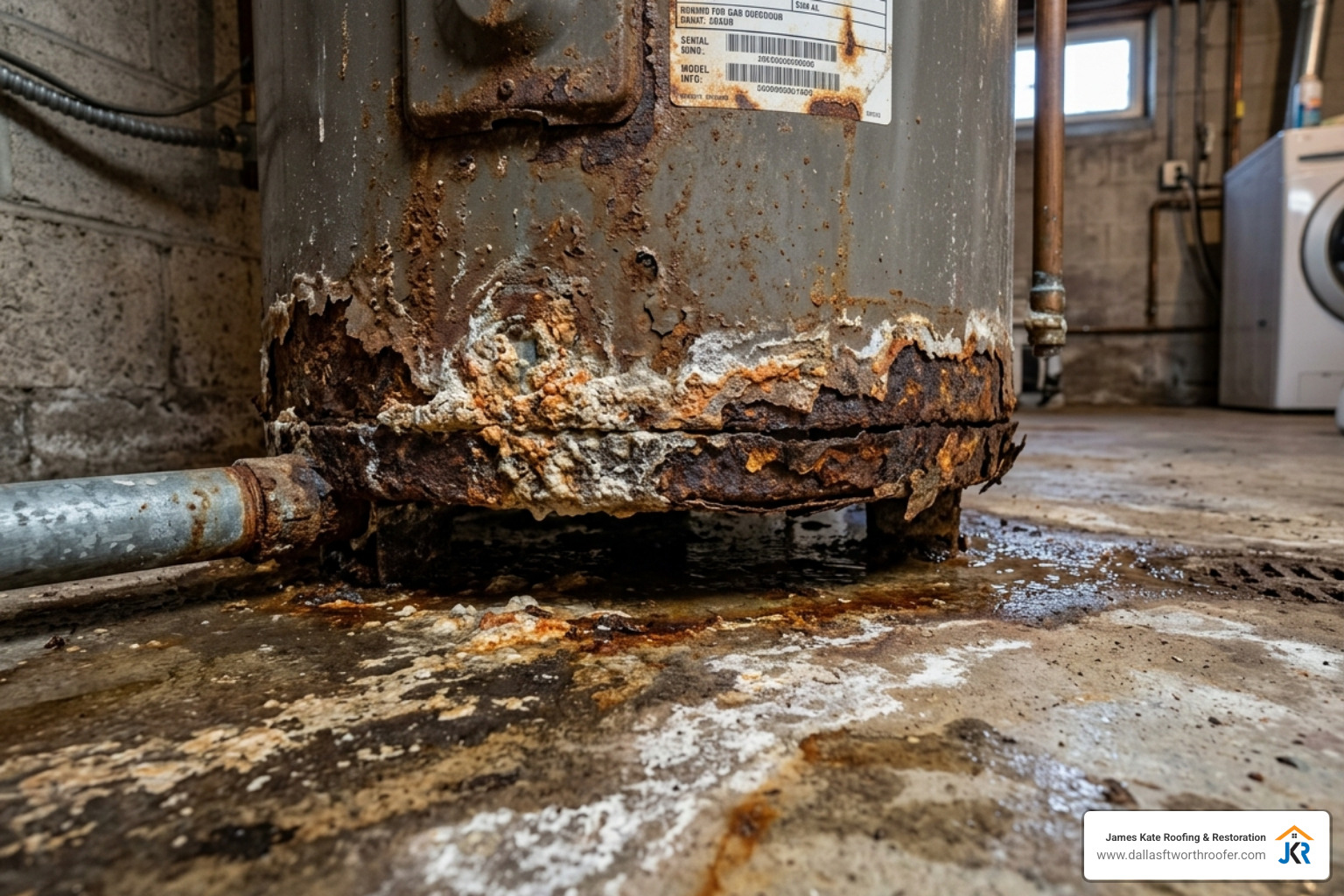 Corroded water heater base showing signs of a slow leak and imminent failure - appliance leak cleanup Corroded water heater base showing signs of a slow leak and imminent failure - appliance leak cleanup