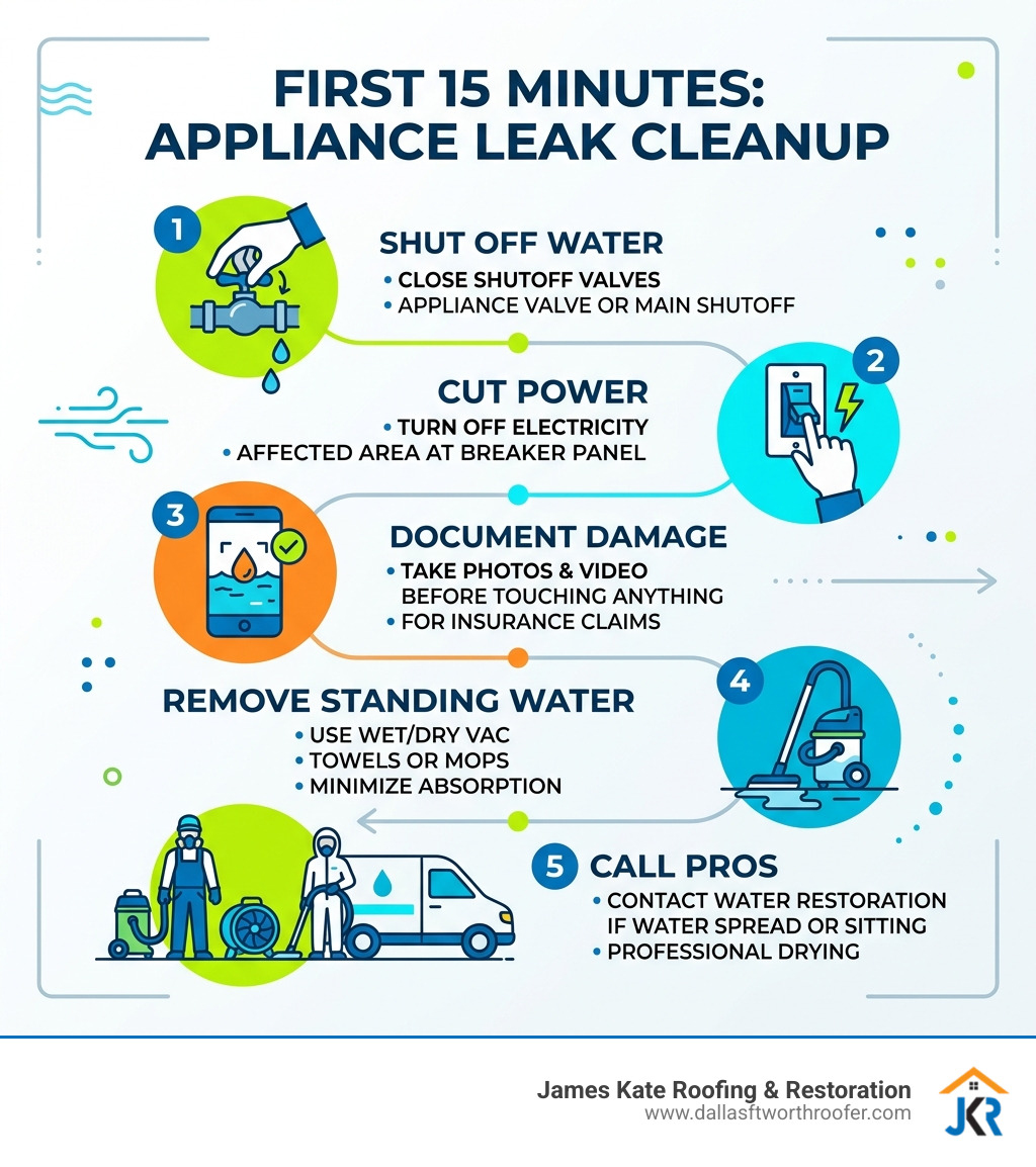 First 15 minutes of appliance leak cleanup: shut off water, cut power, document damage, remove standing water, call pros First 15 minutes of appliance leak cleanup: shut off water, cut power, document damage, remove standing water, call pros