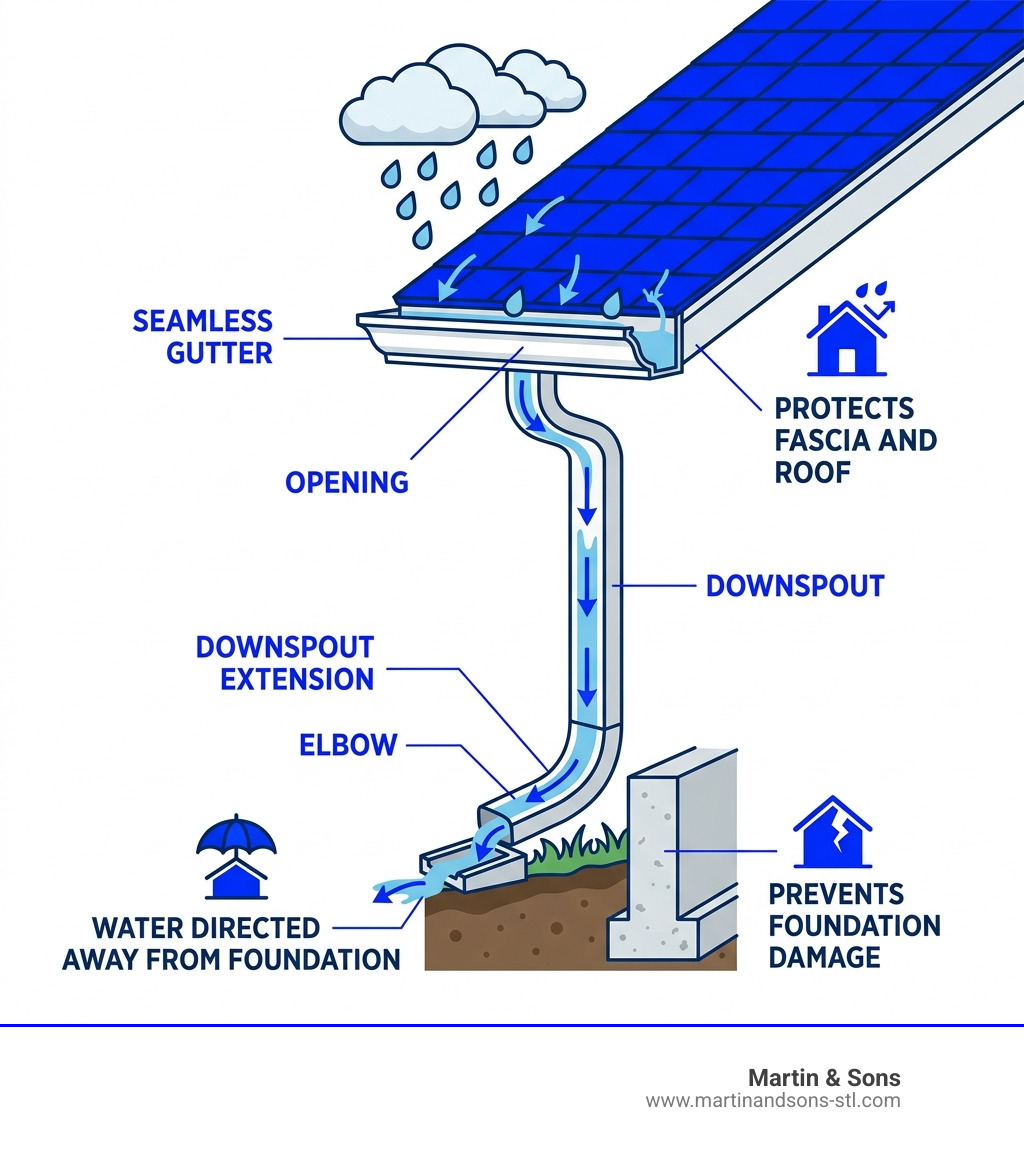 Seamless gutter system flow diagram showing water path from roof to downspout with labeled components - seamless gutters st Seamless gutter system flow diagram showing water path from roof to downspout with labeled components - seamless gutters st