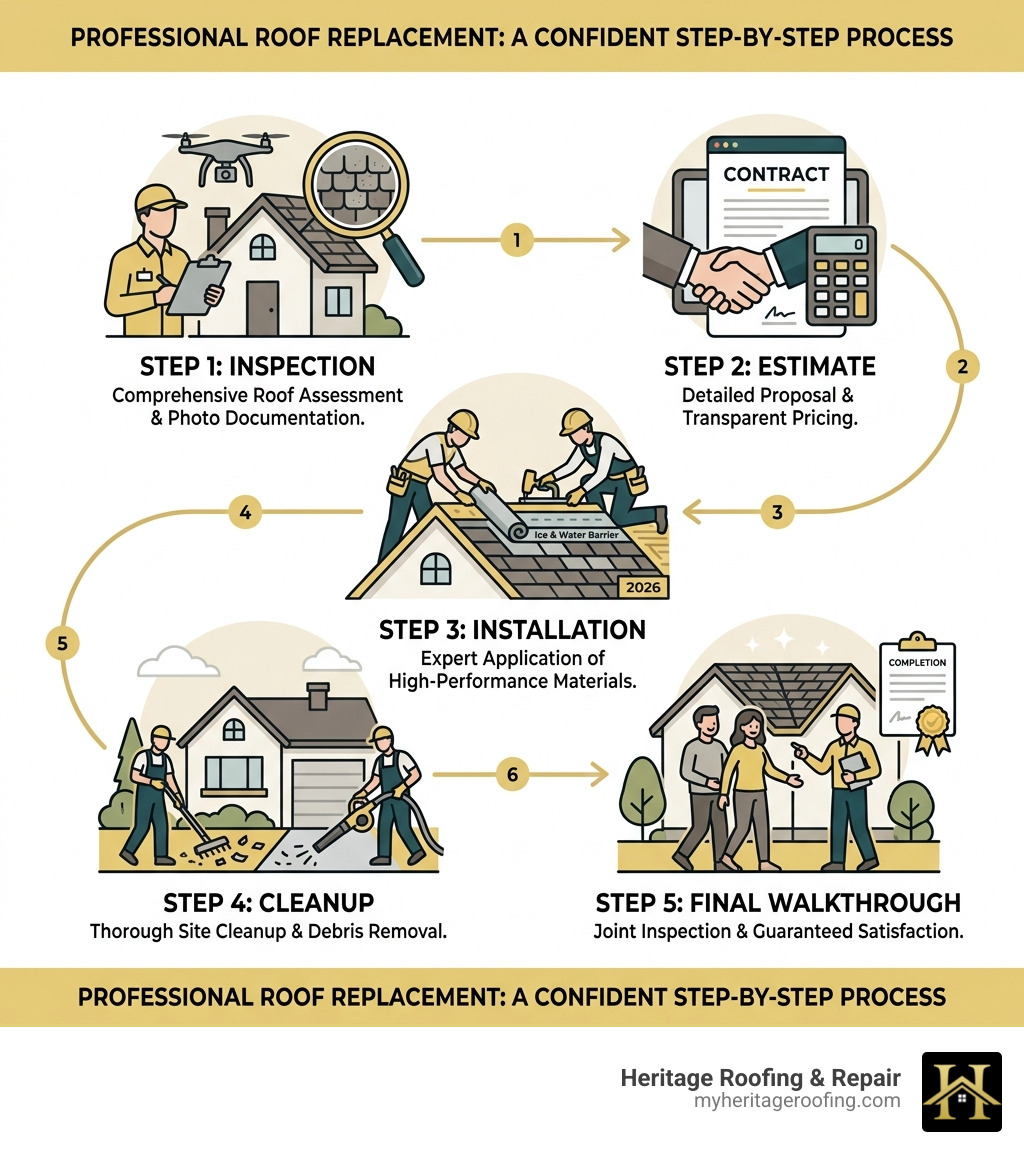 5-step professional roof replacement process: Inspection, Estimate, Installation, Cleanup, Final Walkthrough - Professional