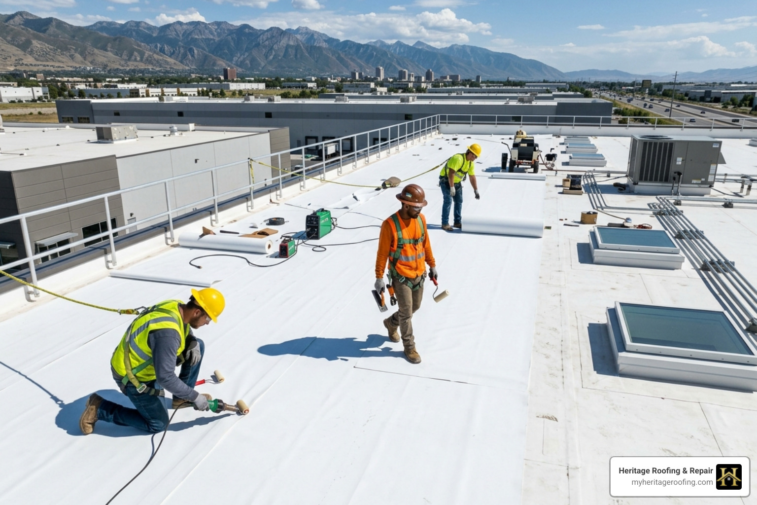 Professional roofers installing TPO membrane on a commercial building - Professional roofing company