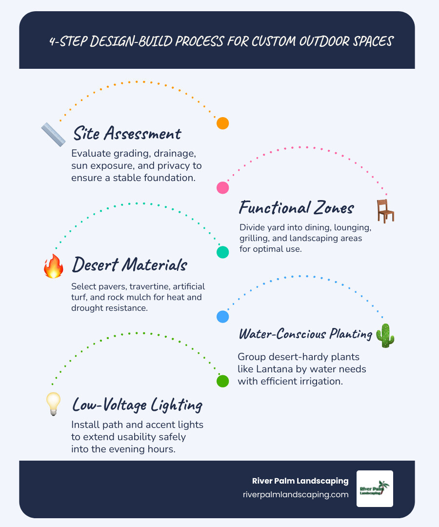 4-step design-build process for custom outdoor spaces in Arizona desert climate - Custom outdoor spaces infographic