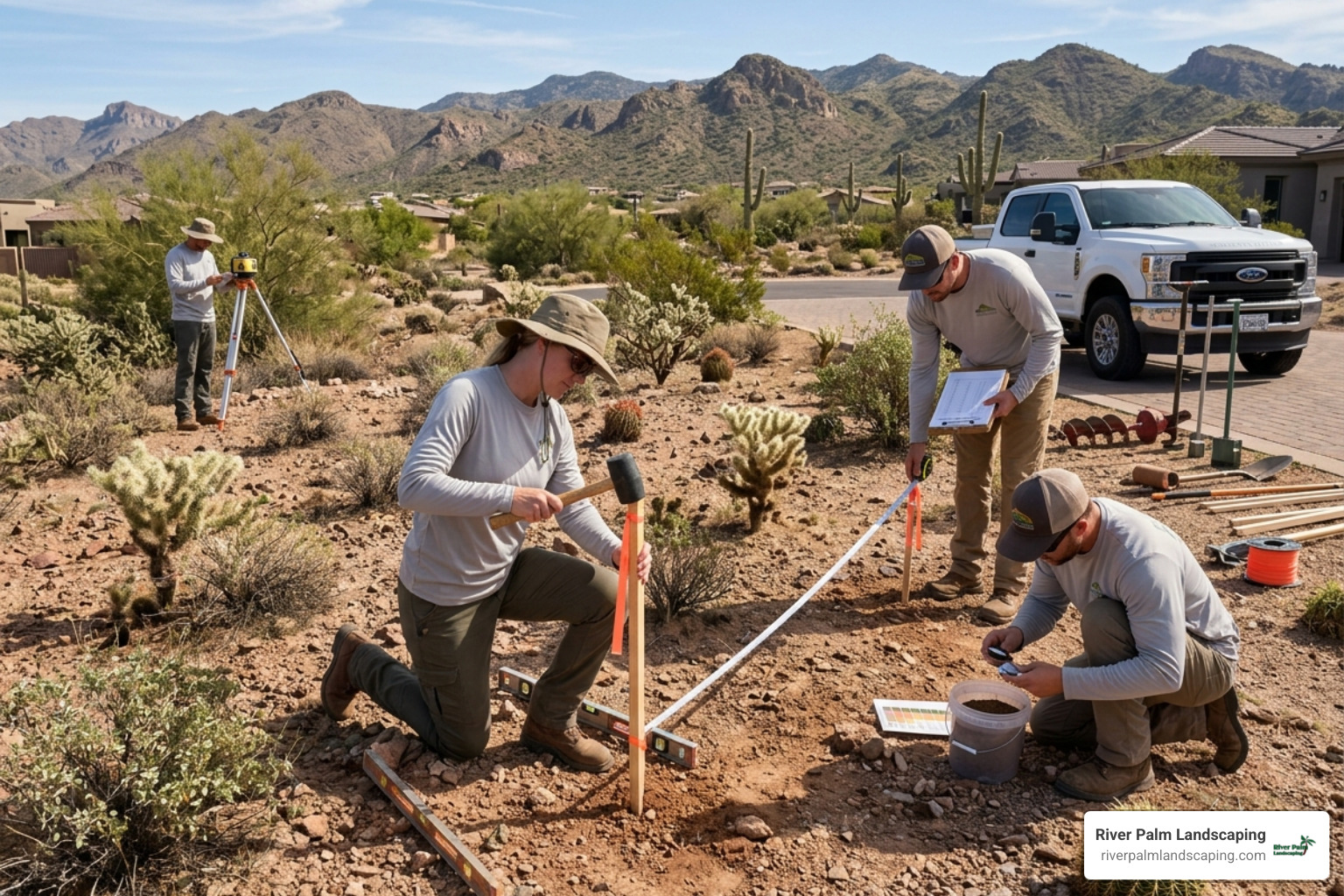 Backyard site assessment with grading tools and desert soil analysis - Custom outdoor spaces