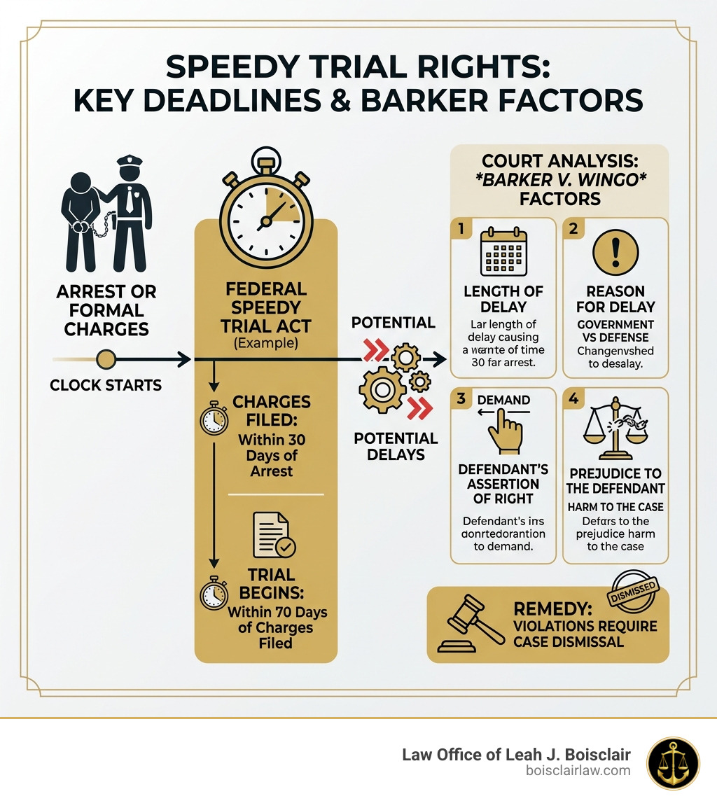 Timeline infographic from arrest to trial showing speedy trial rights deadlines and Barker v. Wingo factors - Speedy trial