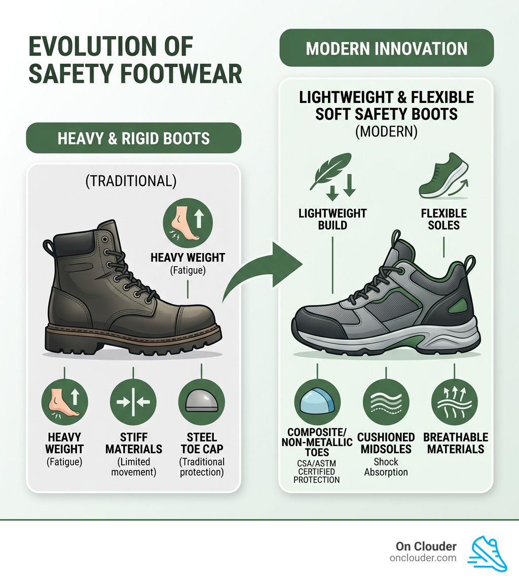 Infographic showing evolution of safety footwear from heavy rigid boots to lightweight flexible soft safety boots with key