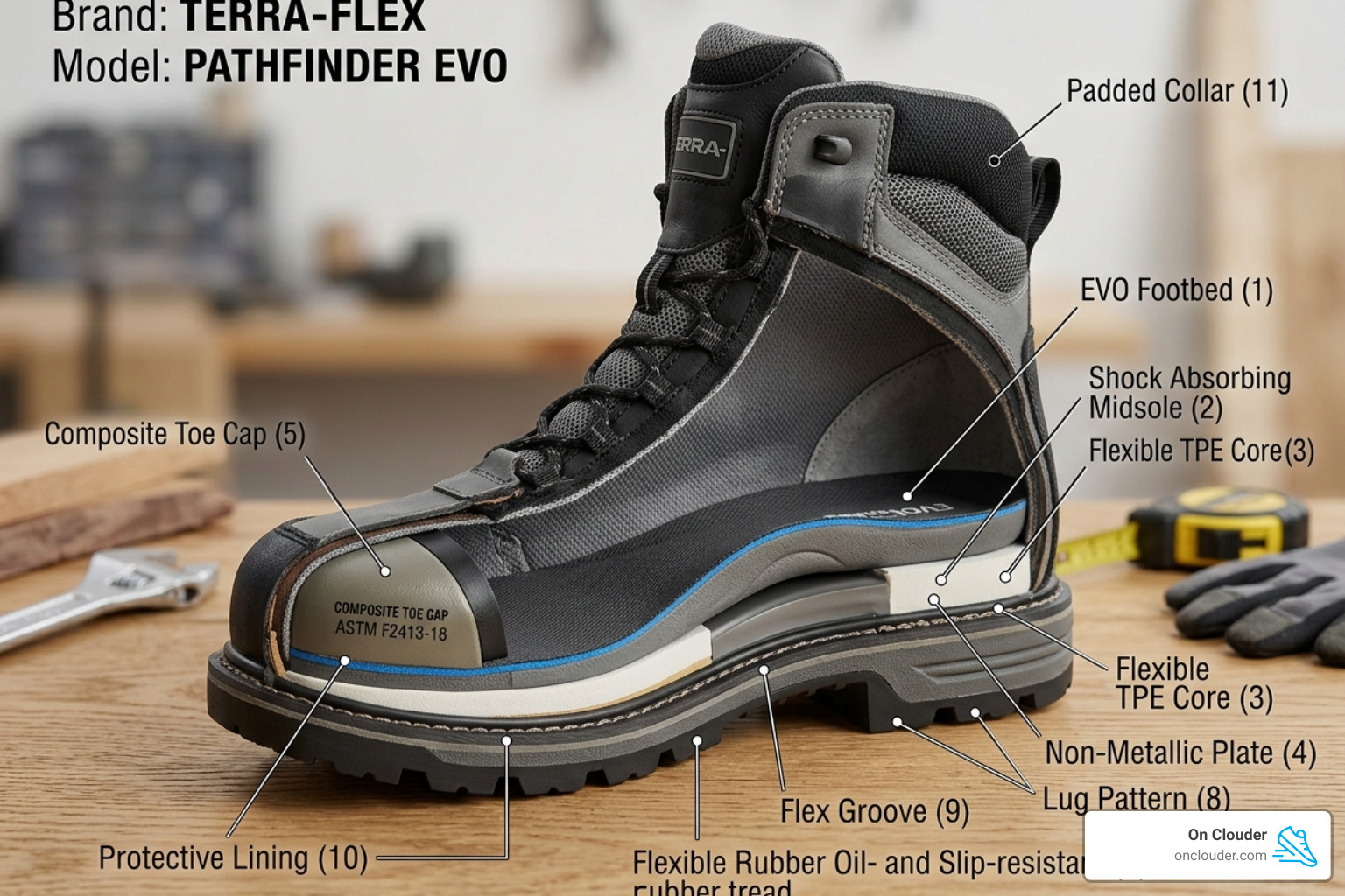Cross-section of a flexible safety boot showing the layered cushioning and composite toe - soft safety boots