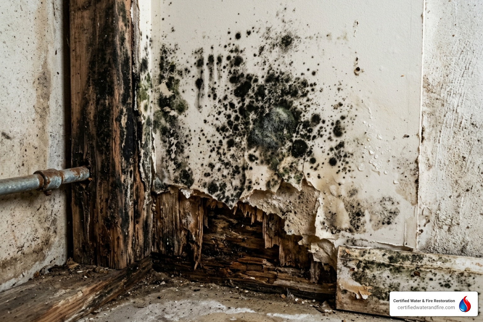 mold growth on drywall and structural rot after water exposure - what is category 3 water​