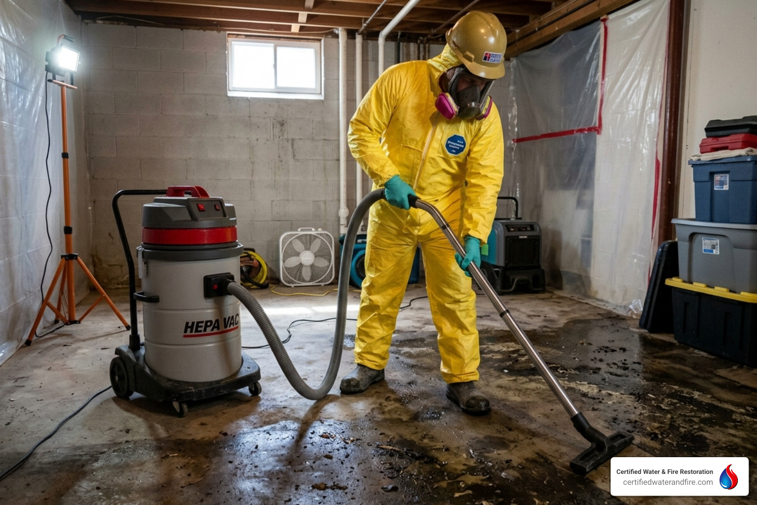 Restoration technician in a full hazmat suit using a HEPA vacuum on a contaminated floor - what is category 3 water​