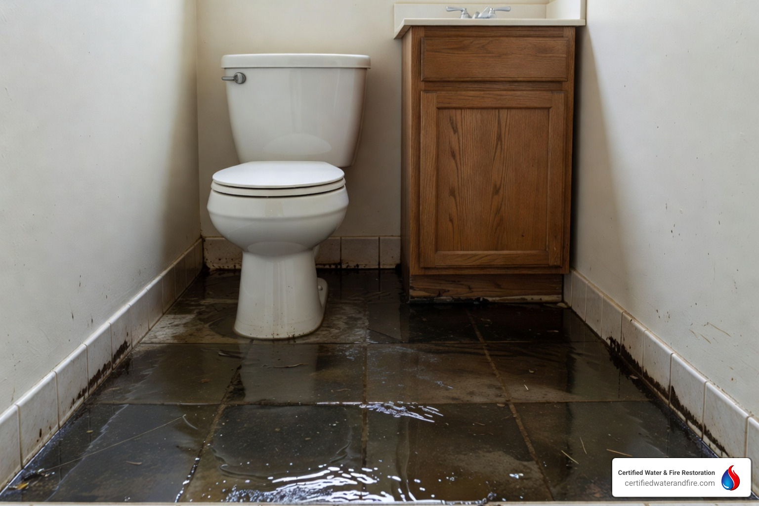 sewage backup in a basement with dark contaminated black water and debris - what is category 3 water​