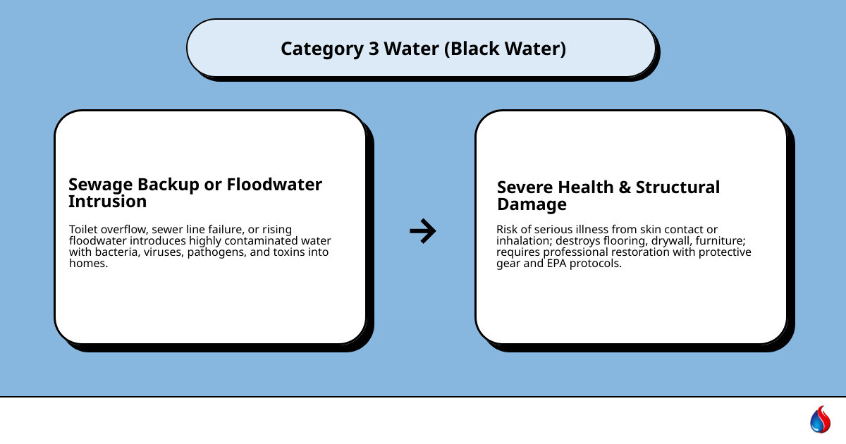 sewage backup in a basement with dark contaminated black water and debris - what is category 3 water​