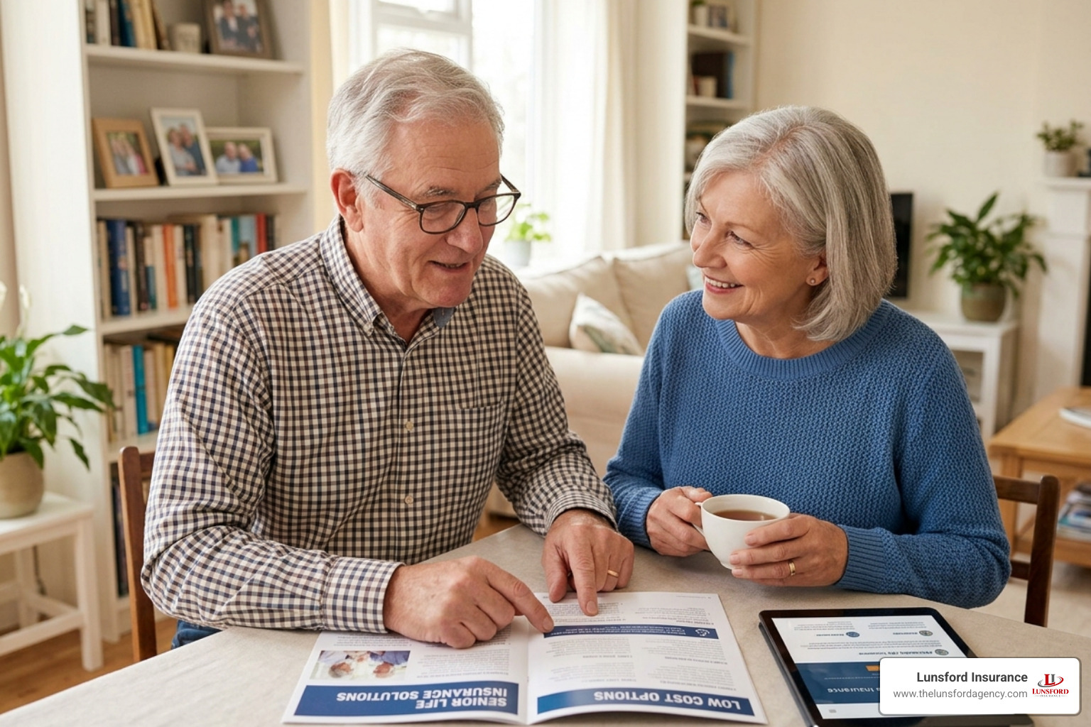 Senior couple in Ohio discussing burial insurance options - low cost senior life insurance Senior couple in Ohio discussing burial insurance options - low cost senior life insurance
