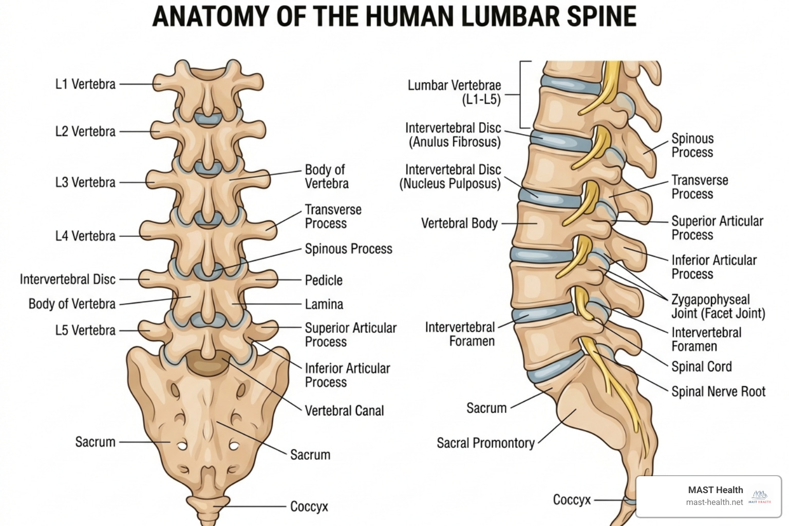 Detailed diagram of the lumbar spine anatomy highlighting vertebrae and discs - lower back pain treatment