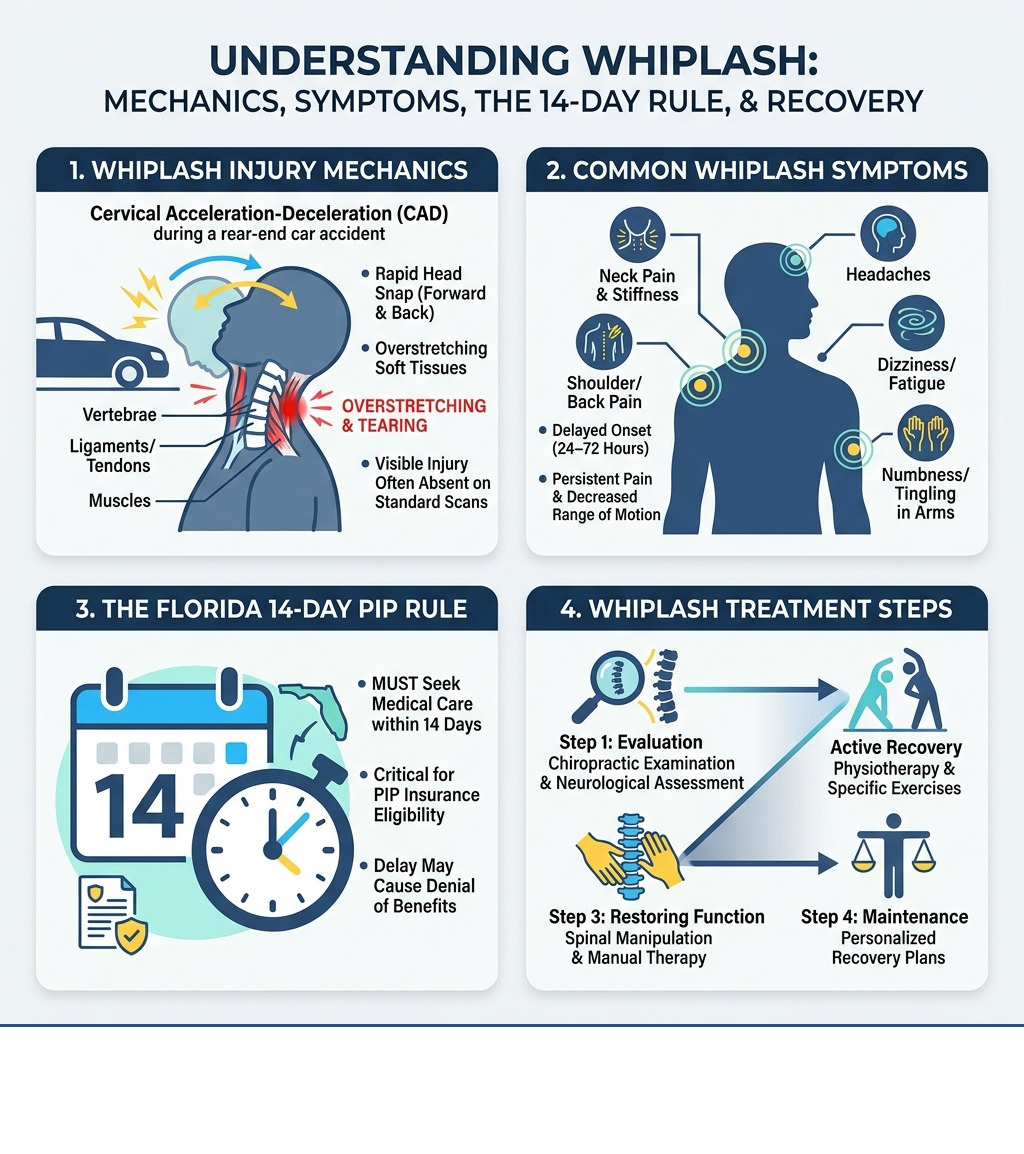Infographic showing whiplash injury mechanics, symptoms, Florida 14-day PIP rule, and treatment steps - whiplash treatment