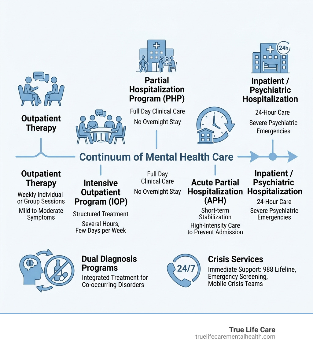 Infographic showing continuum of mental health care from outpatient to inpatient with key program types - Mental Health Infographic showing continuum of mental health care from outpatient to inpatient with key program types - Mental Health