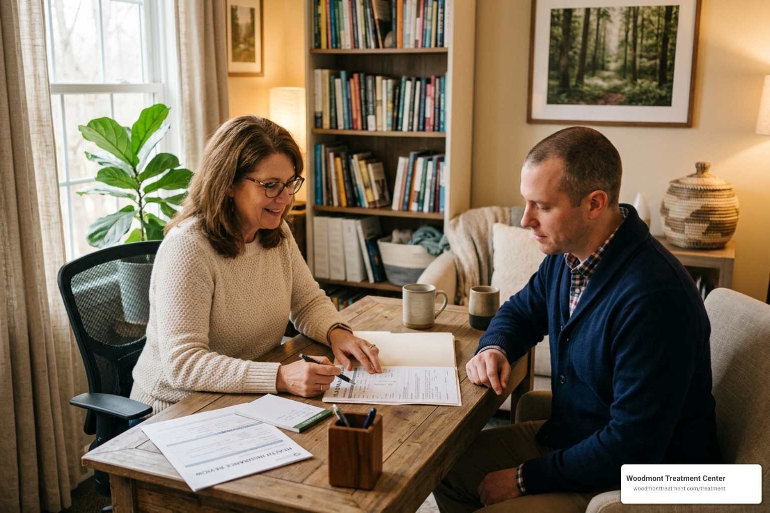 A supportive counselor assisting a client with insurance paperwork in a warm office - Addiction Treatment Center Accepting