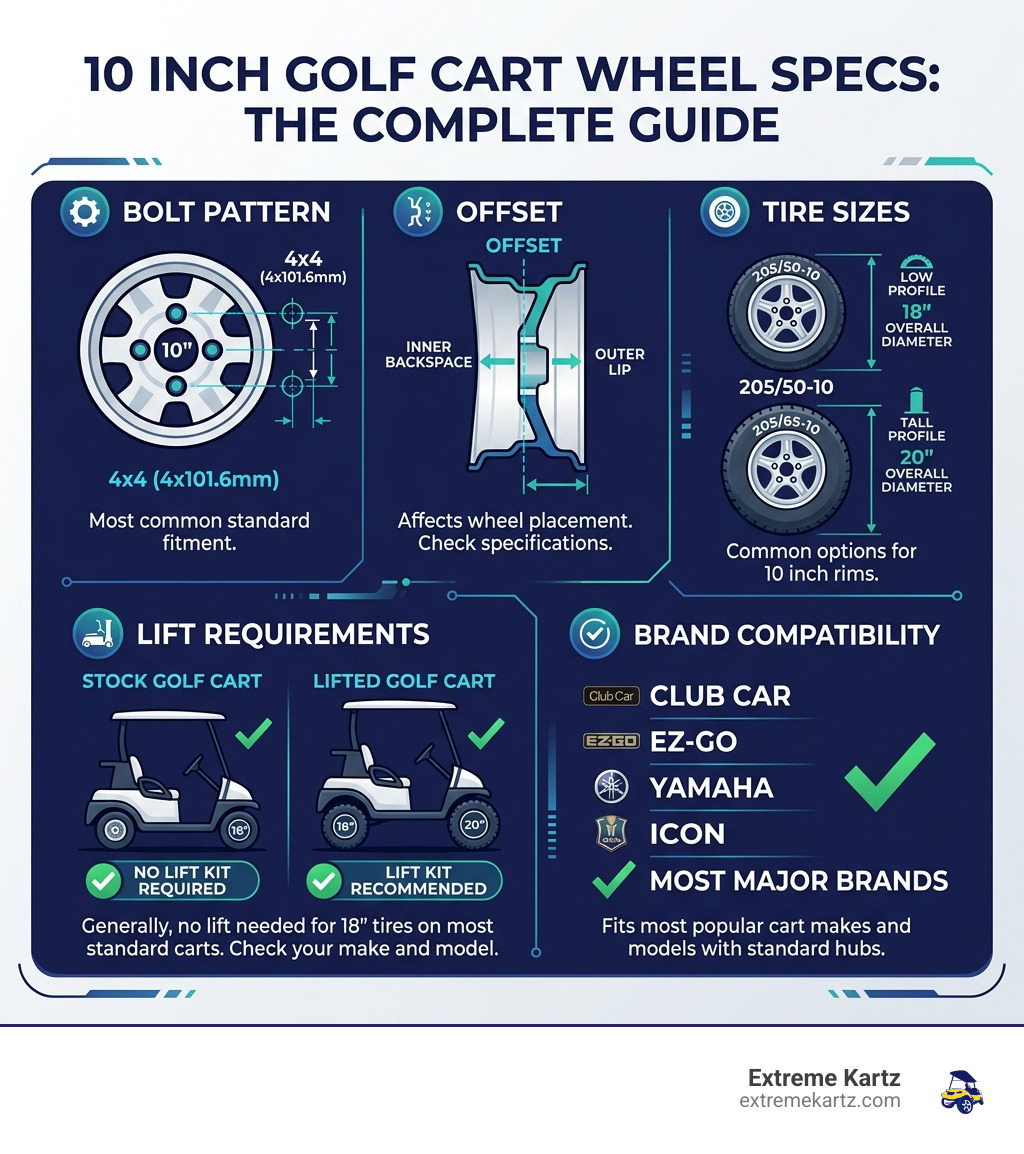 Infographic showing 10 inch golf cart wheel specs: bolt pattern, offset, tire sizes, lift requirements, and brand