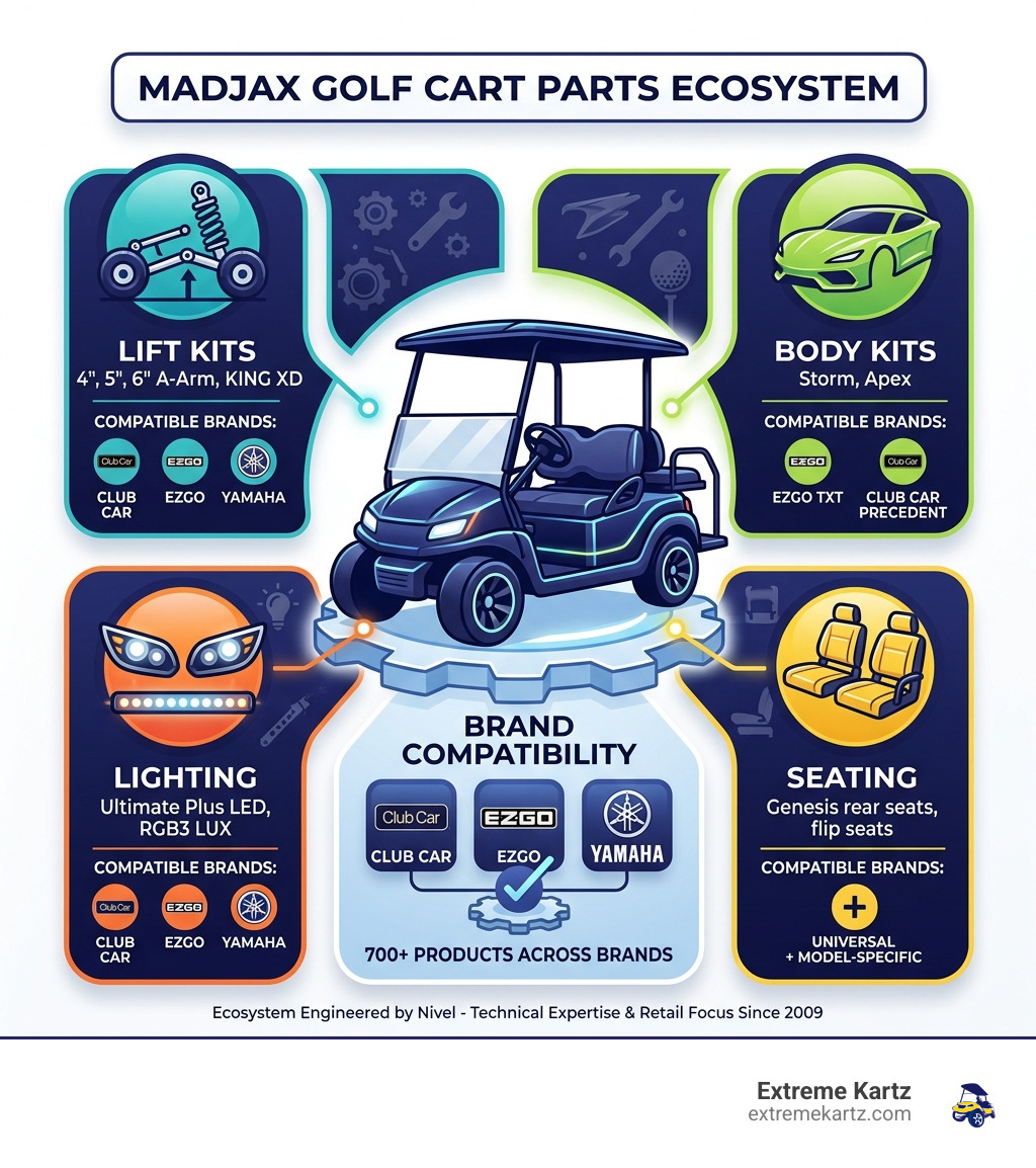 Infographic showing MadJax golf cart parts ecosystem: lift kits, body kits, lighting, seating, and compatibility by brand Infographic showing MadJax golf cart parts ecosystem: lift kits, body kits, lighting, seating, and compatibility by brand