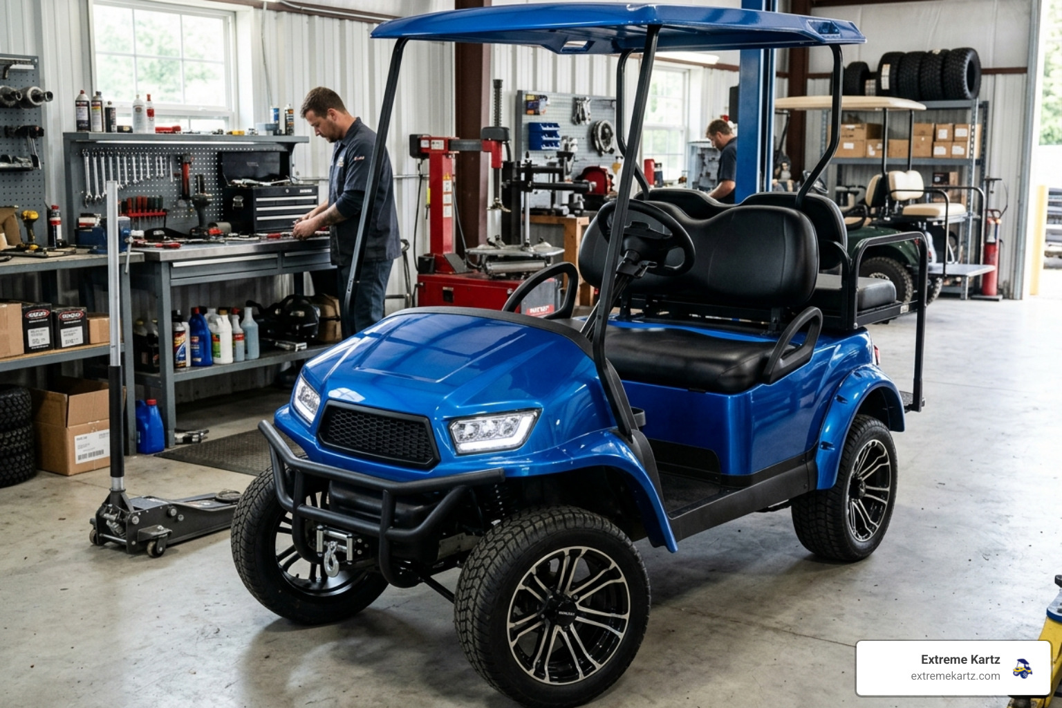 Madjax Storm Body Kit in a vibrant blue finish installed on a cart in a professional shop - Madjax Golf Cart Parts Madjax Storm Body Kit in a vibrant blue finish installed on a cart in a professional shop - Madjax Golf Cart Parts