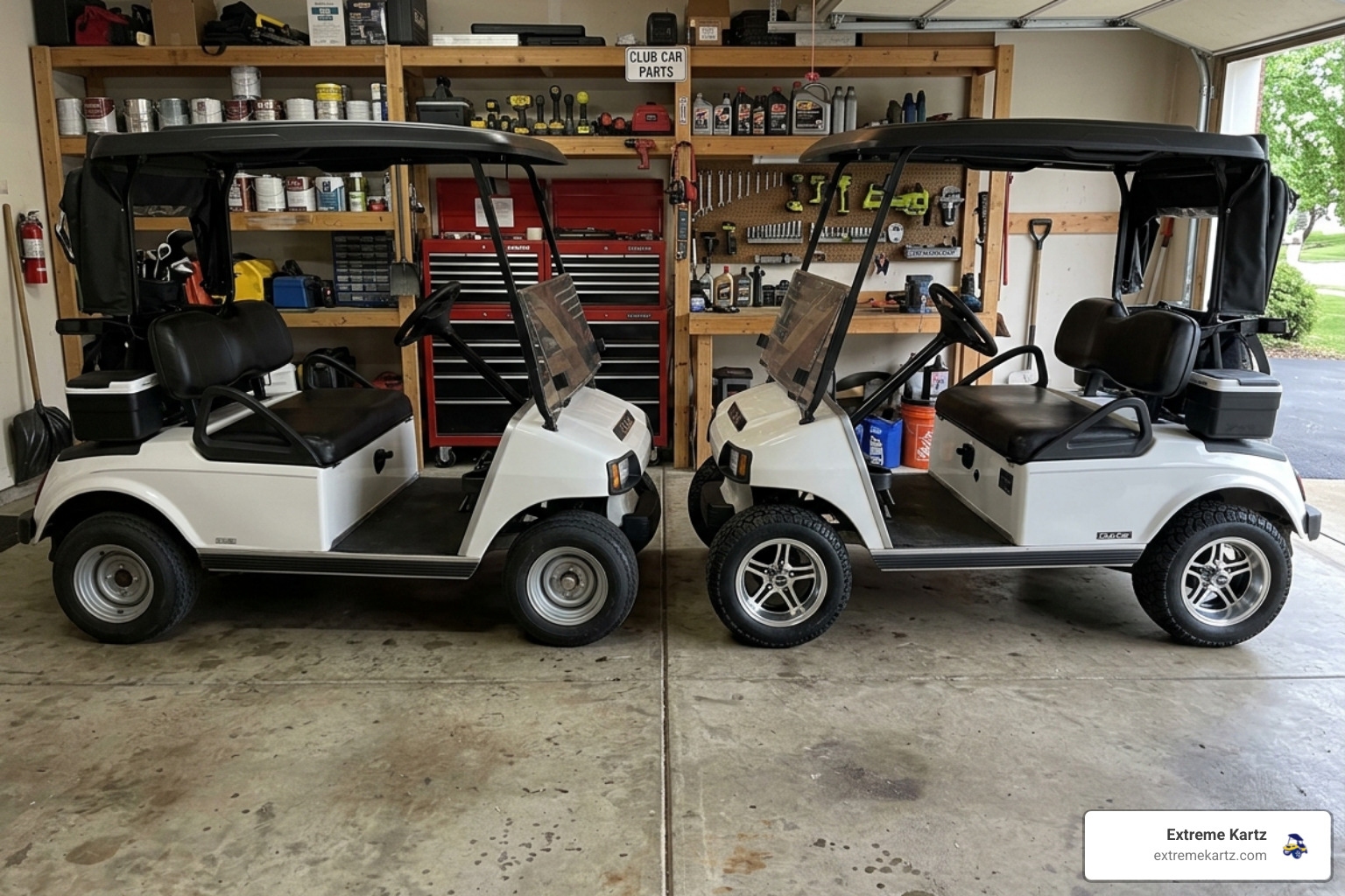 A side-by-side comparison of an 8-inch steel wheel and a 10-inch aluminum wheel on a golf cart in a garage - 10 inch golf